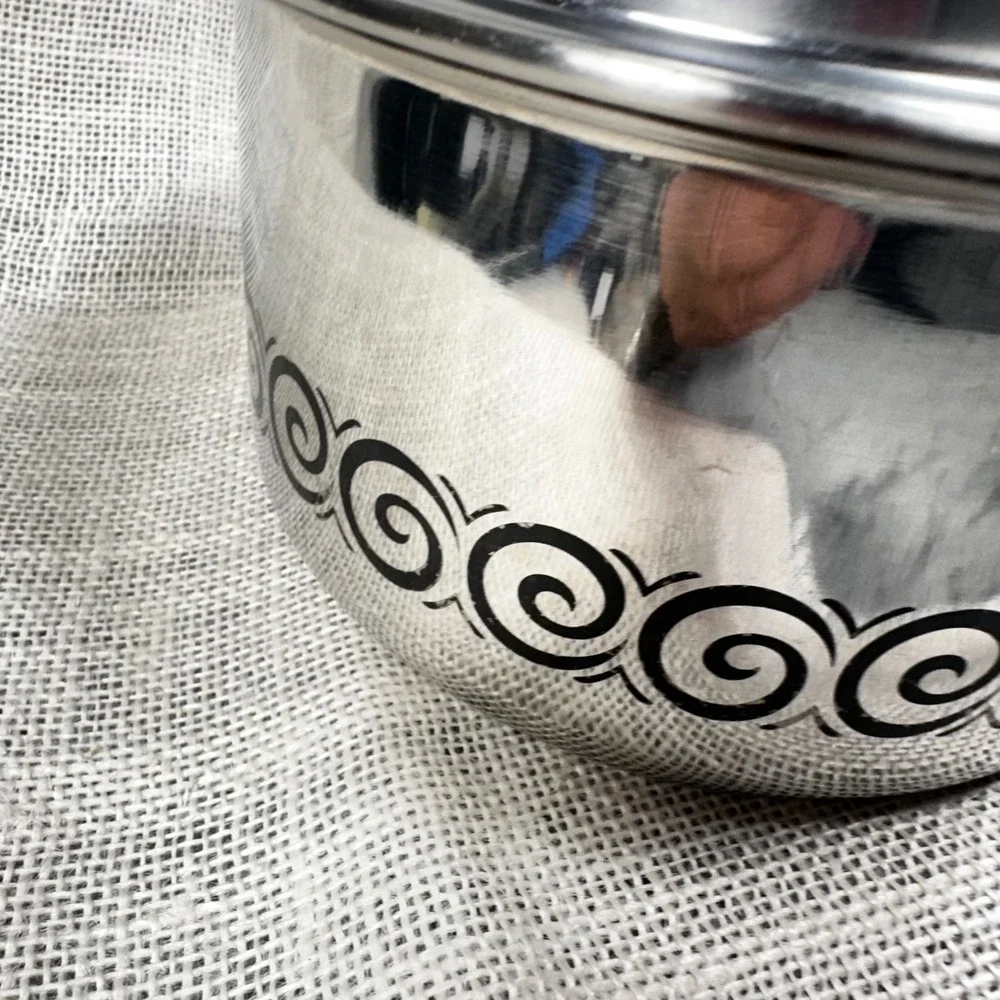 Vintage EKCO 2 Qt Stainless Steel Saucepan Black Scroll MCM Retro w 2 Lids